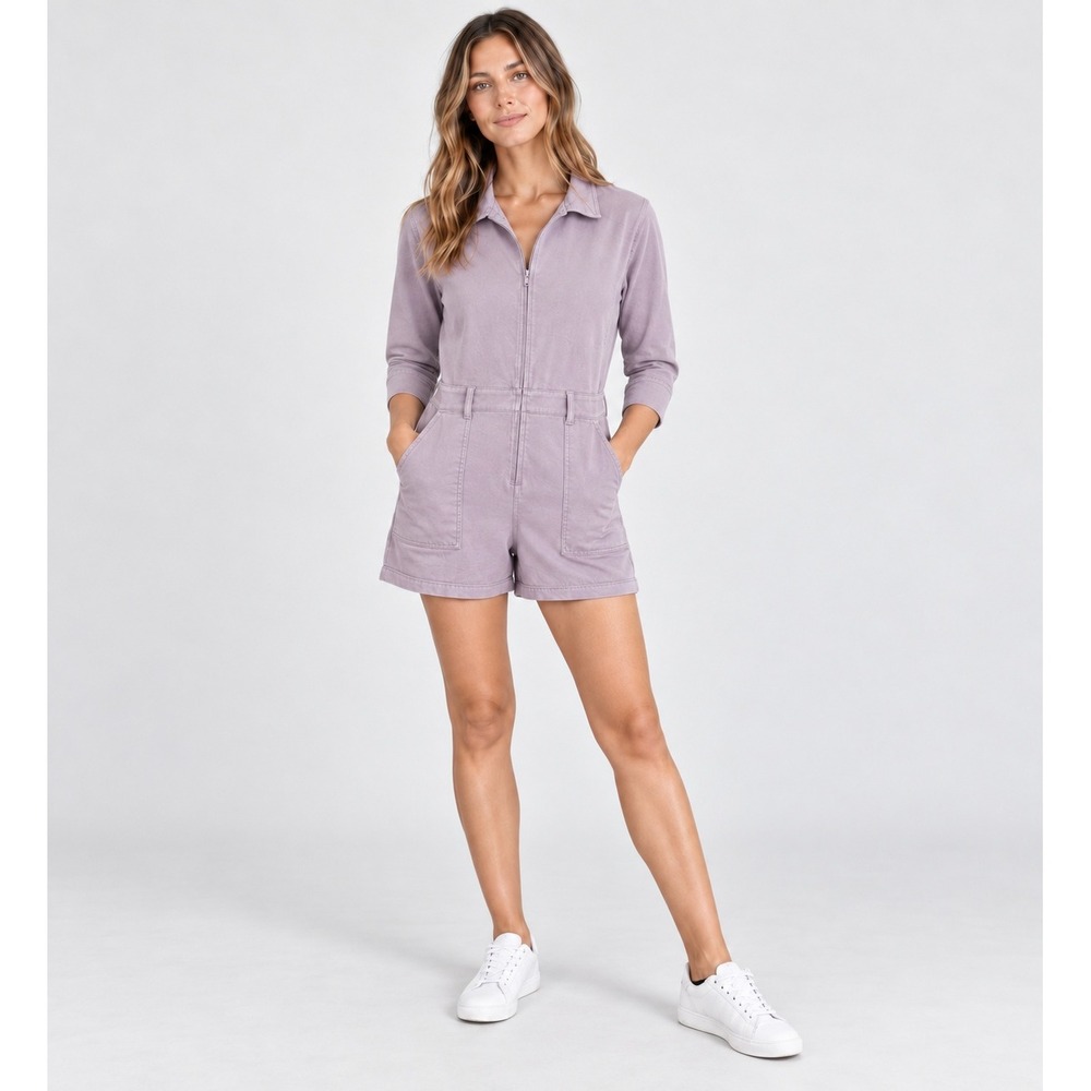 NWT MONROW Romper S Lavender Rayon Collared Utility Loungewear 3/4 Sleeve